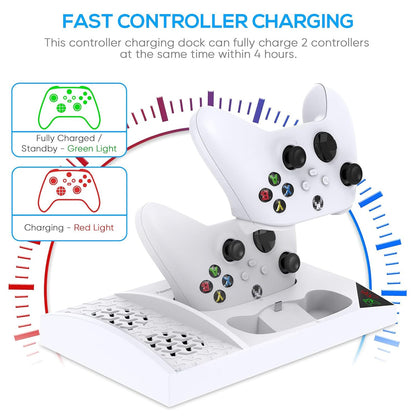 Charger Stand with Cooling Fan for Xbox Series S Console and Controller,Vertical Dual Charging Dock Accessories with 2 X 1400Mah Rechargeable Battery and Cover, Earphone Bracket for XSS